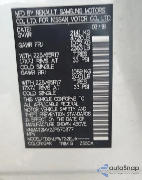 2018 Nissan Rogue S z USA, uszkodzony, nr VIN KNMAT2MV2JP570877